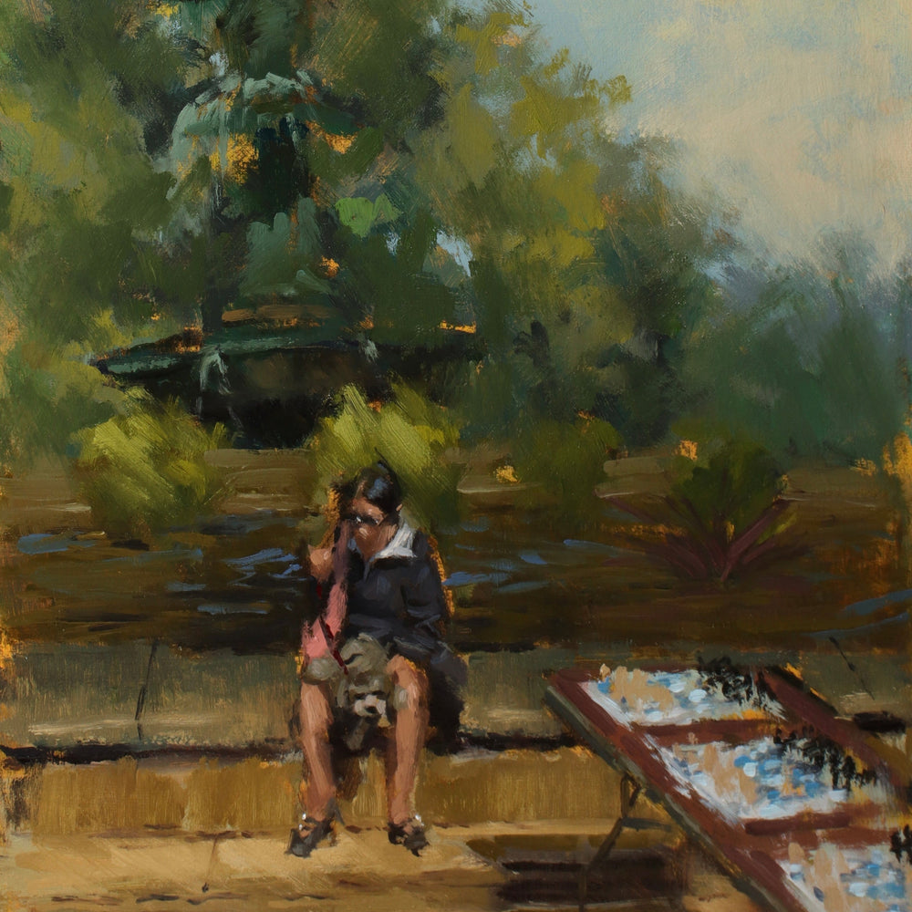 An impressionistic oil painting depicting a seated figure in a park-like setting with trees, water, and a bench, rendered in soft brushstrokes of green, blue, brown, and beige.