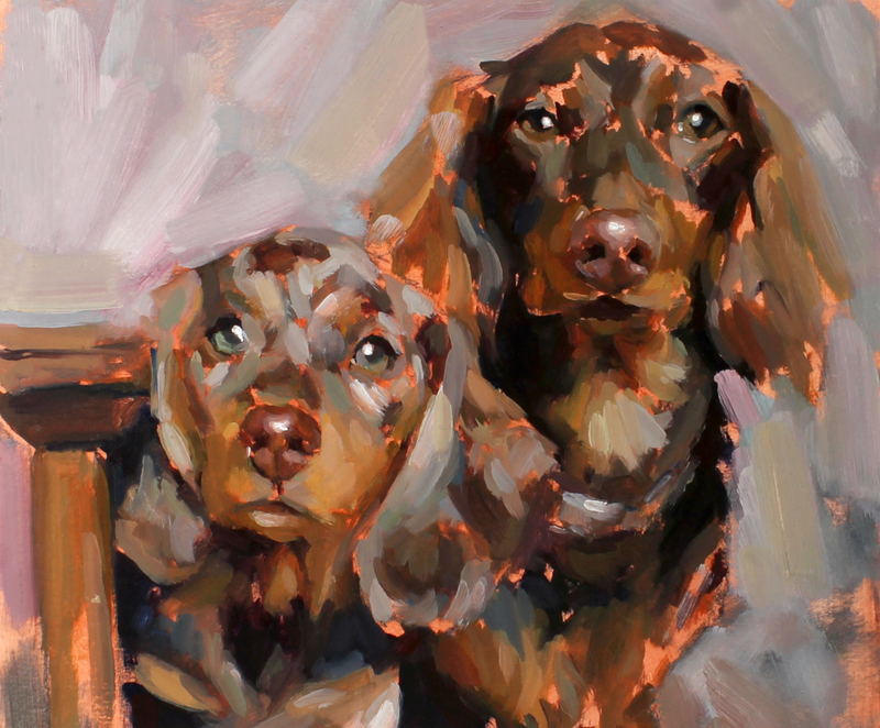 Painting of two dachshunds sitting close together