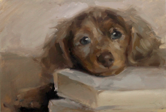 Bookrest – The Snoozing Puppy (Original Dachshund Oil Painting)