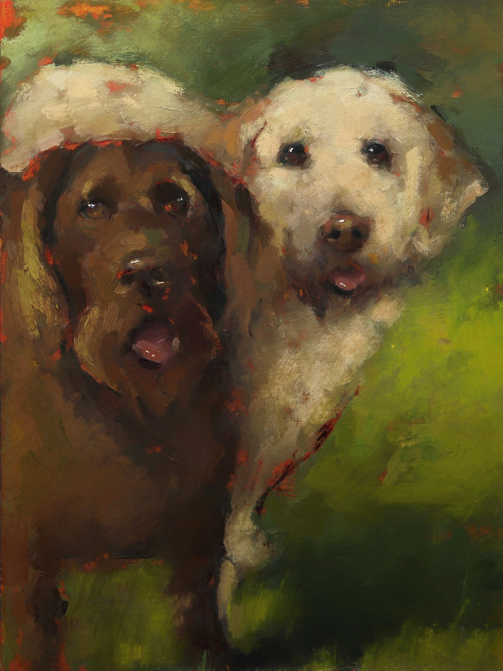 Two dogs, one brown and one white, standing close together on a green background.