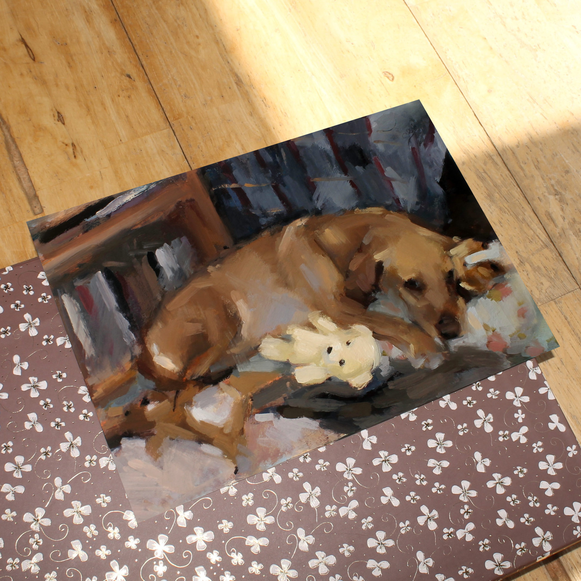 Painting of a Golden Labrador dog sleeping on a floral bed with its teddy bears, in warm neutral colours