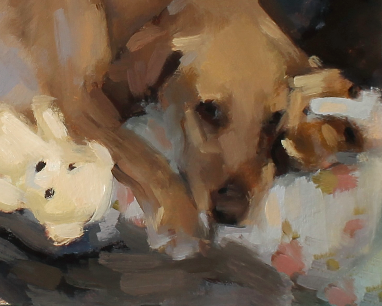 Painting of a Golden Labrador dog sleeping on a floral bed with its teddy bears, in warm neutral colours