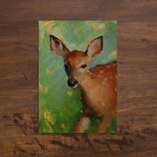 A painted portrait of a brown calf or young cow with a green ear tag, rendered in warm earth tones against a soft blue and green background. The artwork has a visible repeating watermark reading @laddieart.