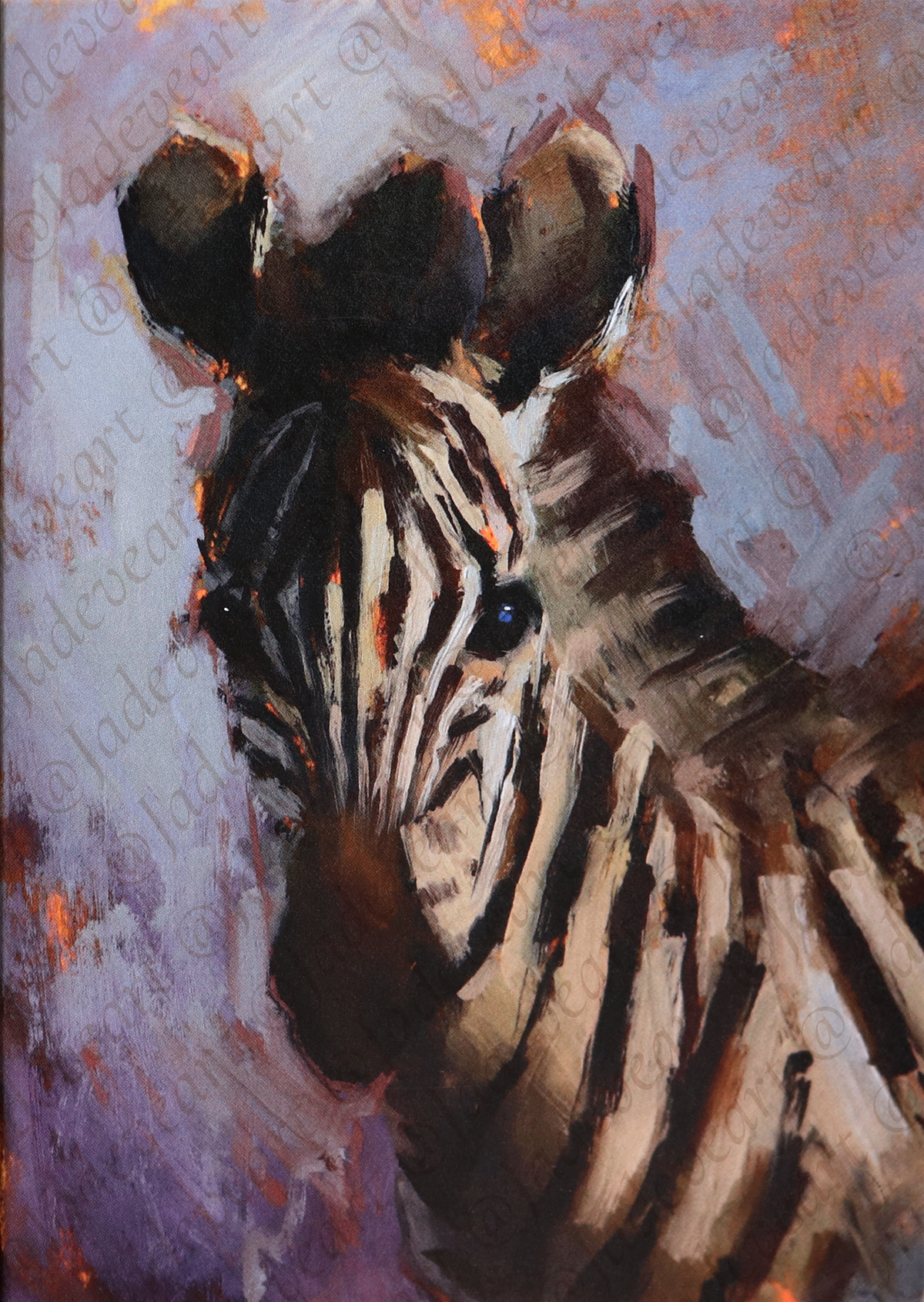 An impressionistic painting of a zebra head and neck, rendered in black, brown, beige, and white brushstrokes against a soft lavender, purple, and orange background.