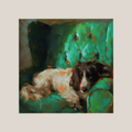 An impressionistic painting of a black and white dog resting on a green armchair, shown against a light gray background.