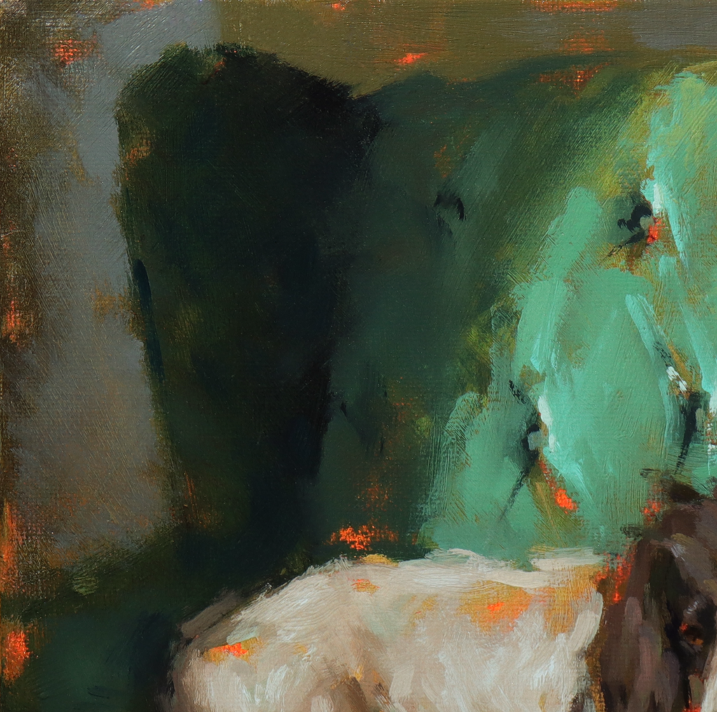 Abstract painting with expressive brushstrokes in deep green, teal, gray, white, and small orange accents.