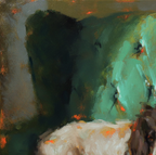 Abstract painting with expressive brushstrokes in deep green, teal, gray, white, and small orange accents.