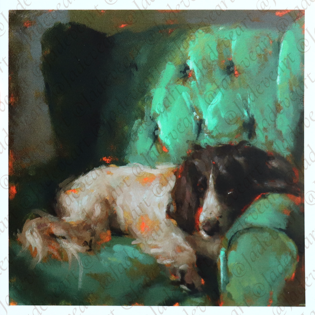 An impressionistic painting of a white and black dog resting on a green armchair, rendered in textured brushstrokes with teal, green, black, and orange highlights.