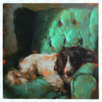 An impressionistic painting of a white and black dog resting on a green armchair, rendered in textured brushstrokes with teal, green, black, and orange highlights.