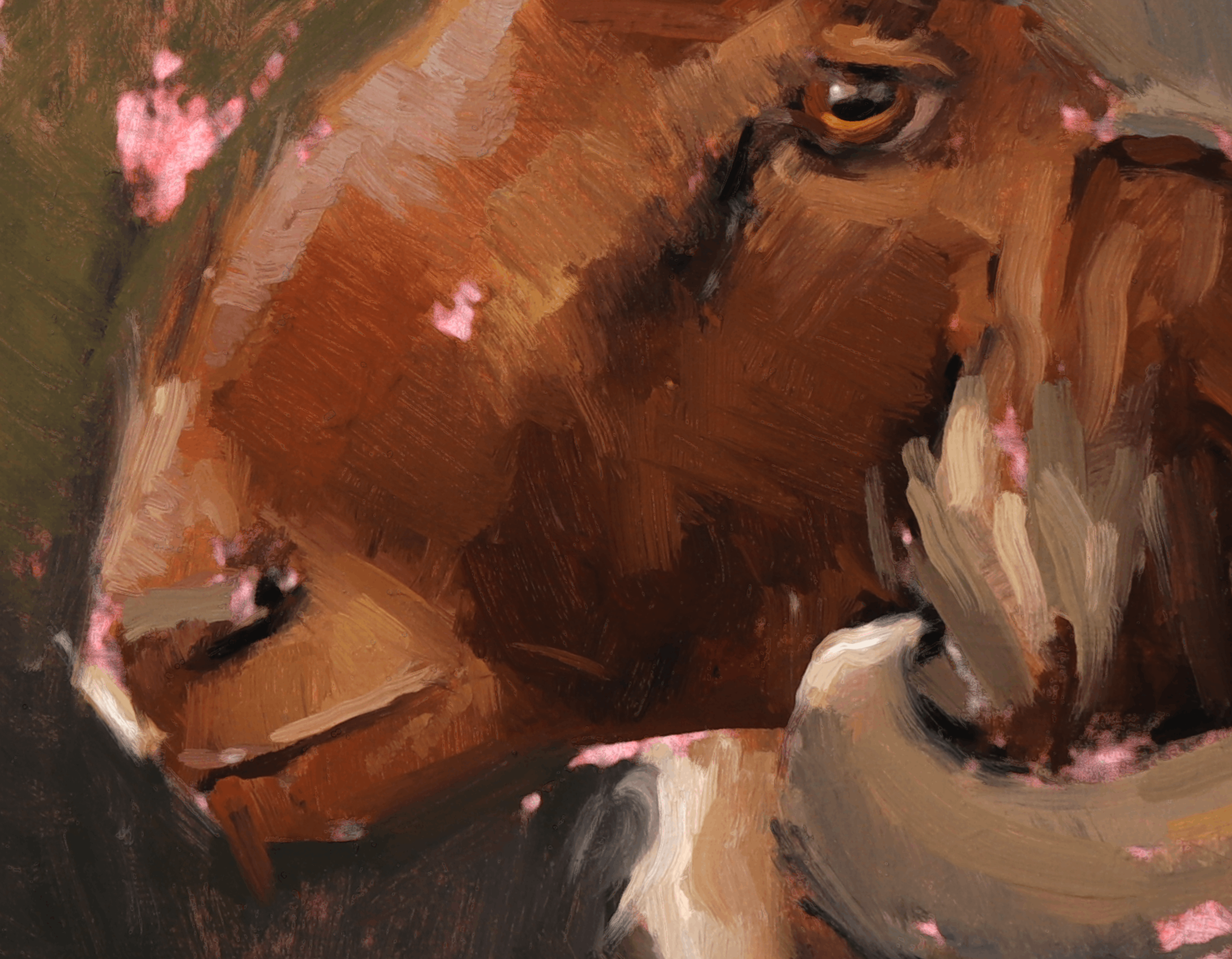 An expressive oil painting of a brown goat's head in profile, rendered with thick brushstrokes in warm browns, beige, and white, accented with pink flower petals.