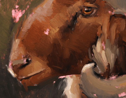 An expressive oil painting of a brown goat's head in profile, rendered with thick brushstrokes in warm browns, beige, and white, accented with pink flower petals.