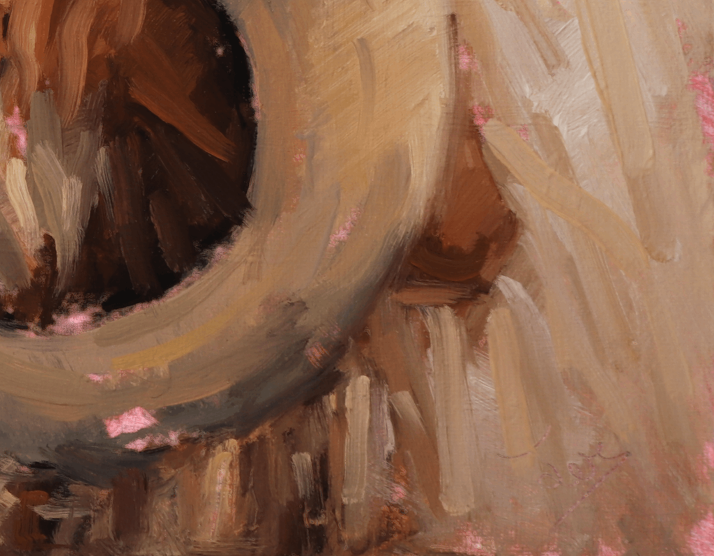 Abstract close-up painting with thick brushstrokes in warm beige, brown, cream, gray, and small pink accents.