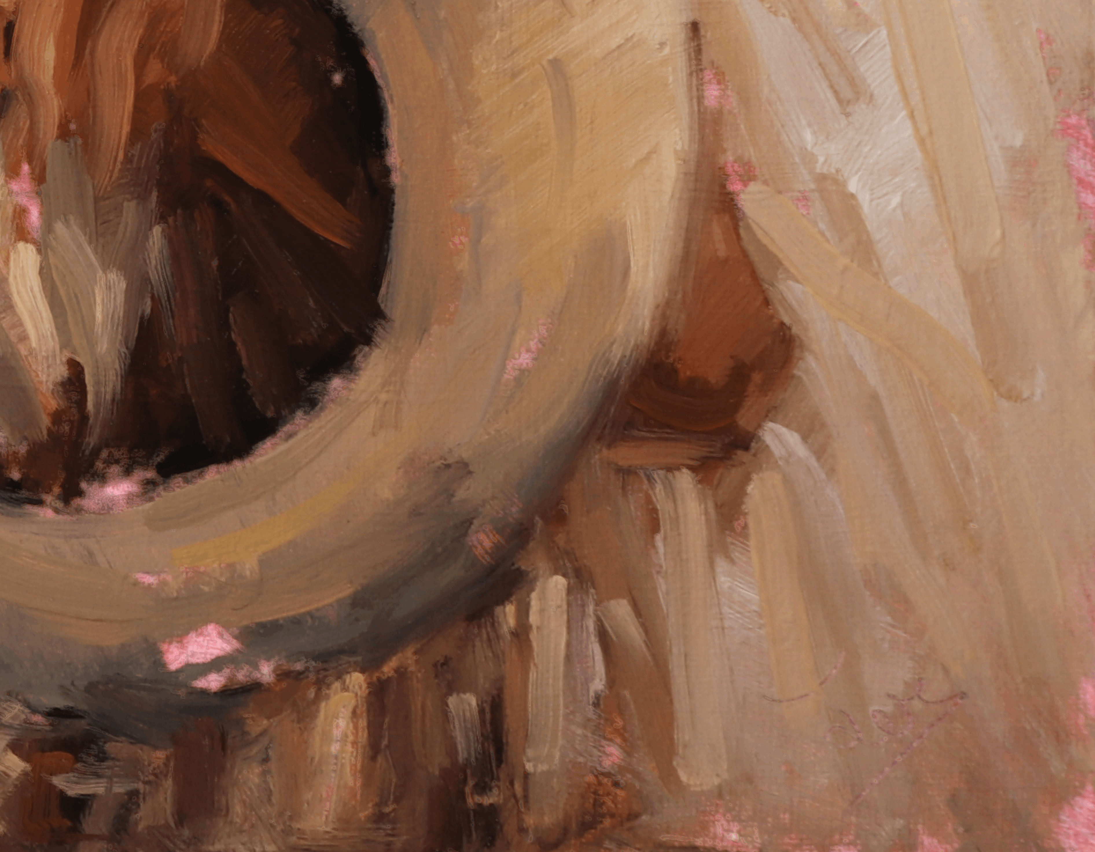 Abstract close-up painting with thick brushstrokes in warm beige, brown, cream, gray, and small pink accents.