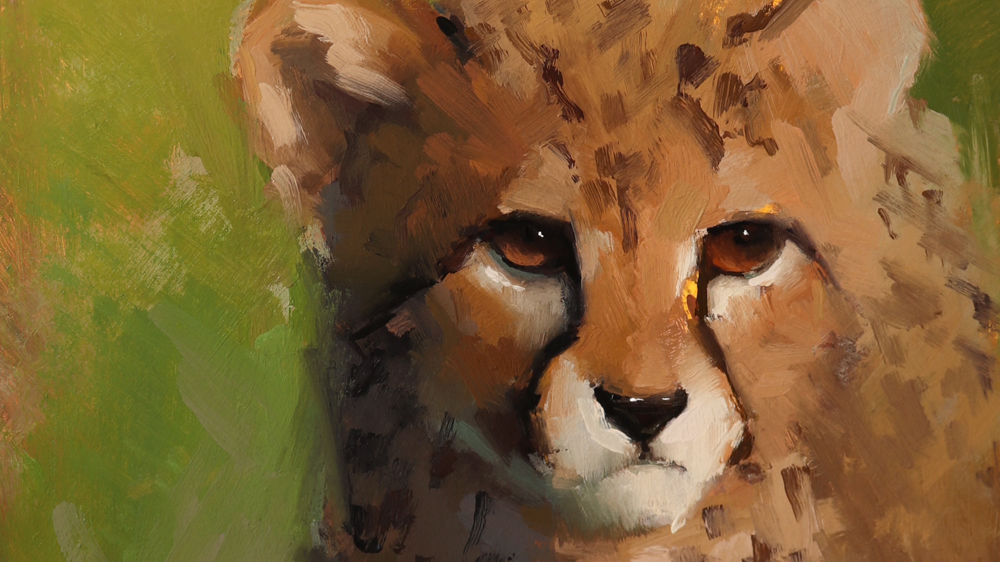 Painting of a cheetah with a green background