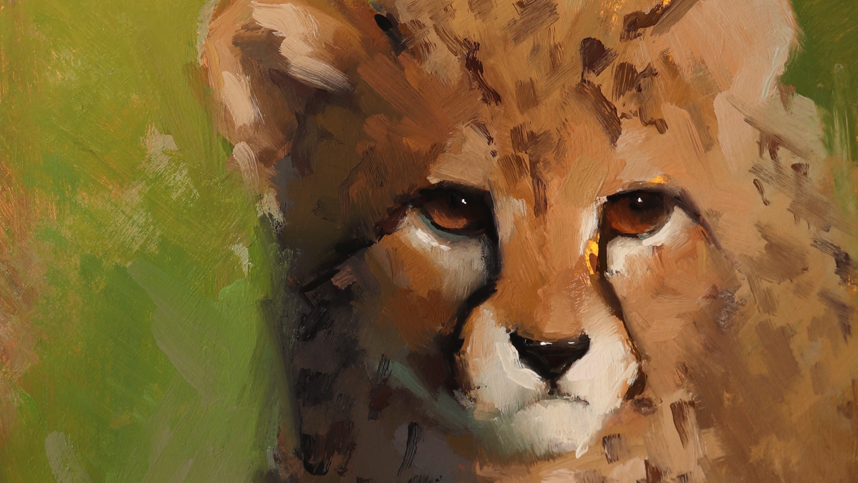 Painting of a cheetah with a green background