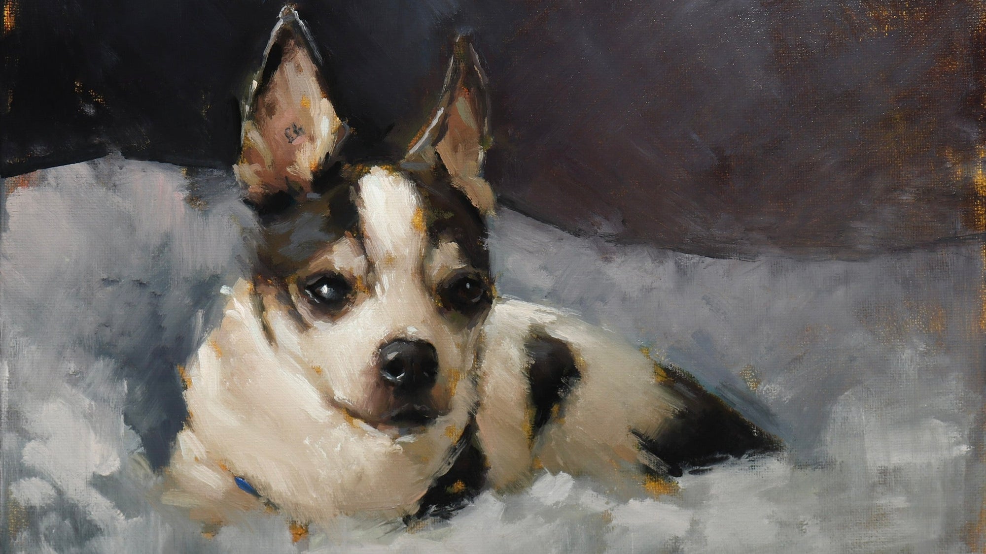 Painting of a small dog lying on a textured surface