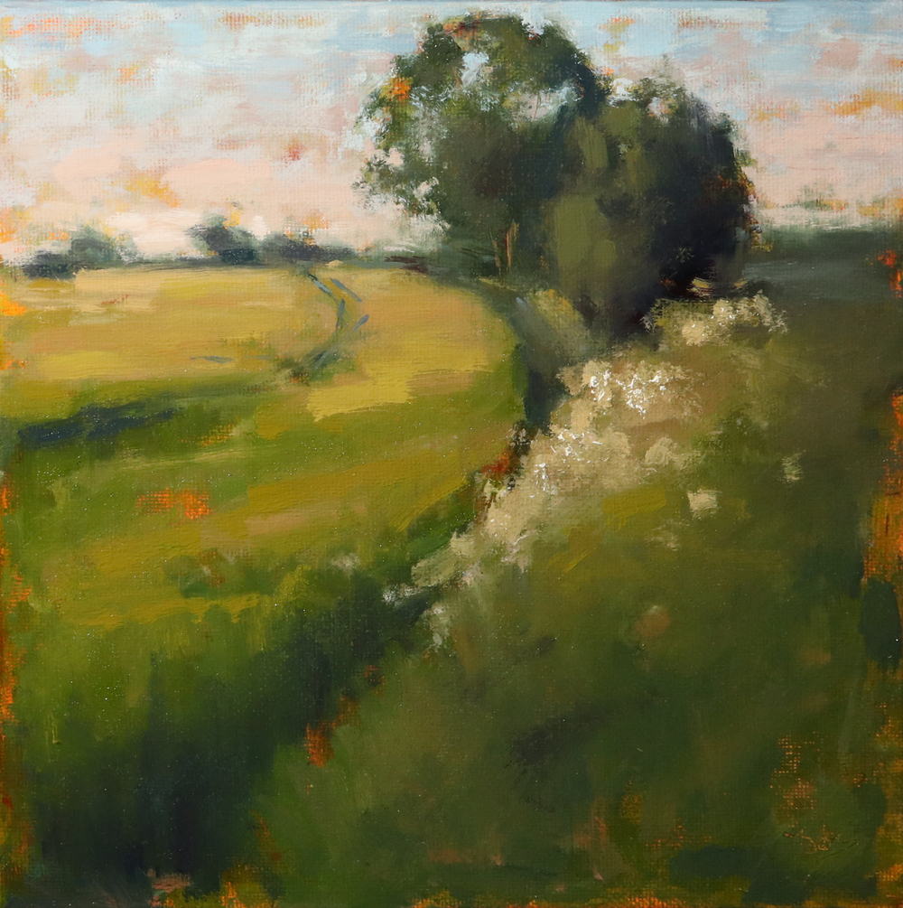 Painting of a landscape with green fields and trees