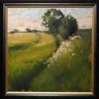 A framed landscape oil painting featuring a green field with a winding path, a prominent dark tree, and a pale sky, enclosed in a black frame with a gold inner border.