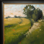 Framed landscape oil painting featuring rolling green and yellow fields, a dark tree on the right, and a pale sky, enclosed in a black frame with a gold inner border.