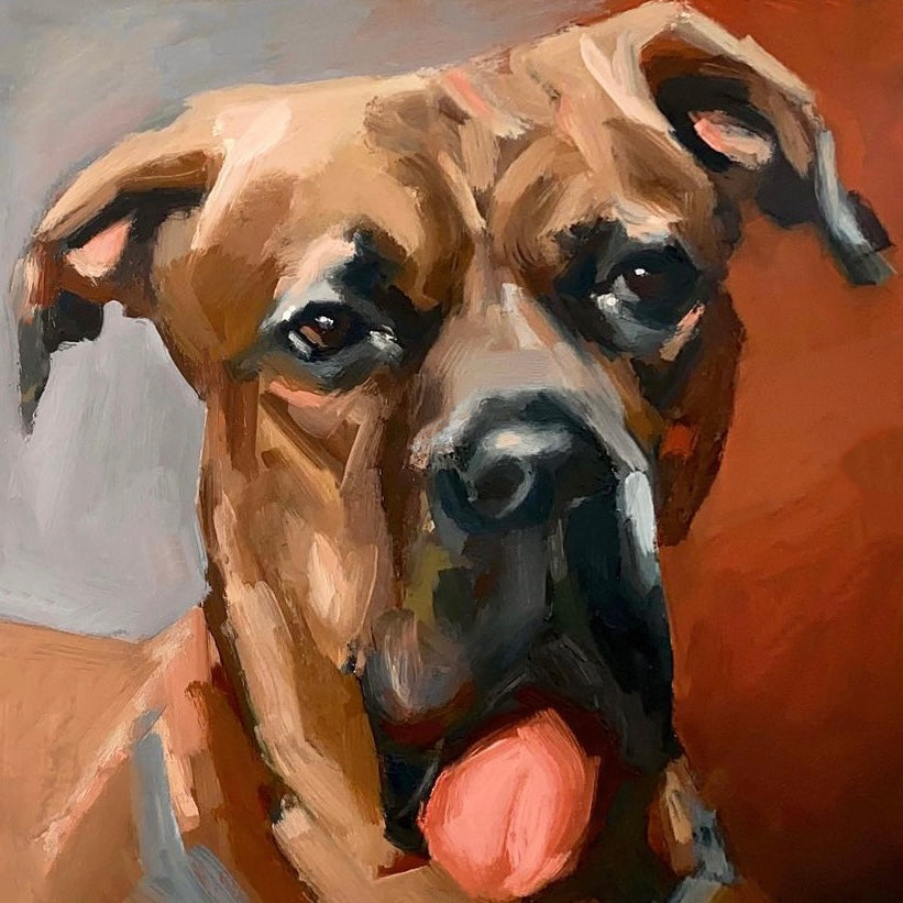 Artistic depiction of a dog's face with a warm color palette