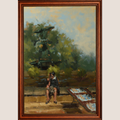 A framed oil painting depicting a seated figure near a table in an outdoor garden setting, enclosed in a warm brown wooden frame against a light beige background.