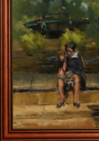An impressionistic oil painting of a seated woman in a dark dress and sunglasses on a bench, with green foliage and a dark boat in the background, enclosed in a reddish-brown wooden frame.