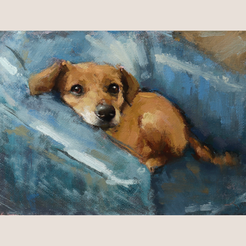 A painted portrait of a small brown dog resting on a blue couch, shown as an artwork with visible brushstrokes and centered on a light beige background.