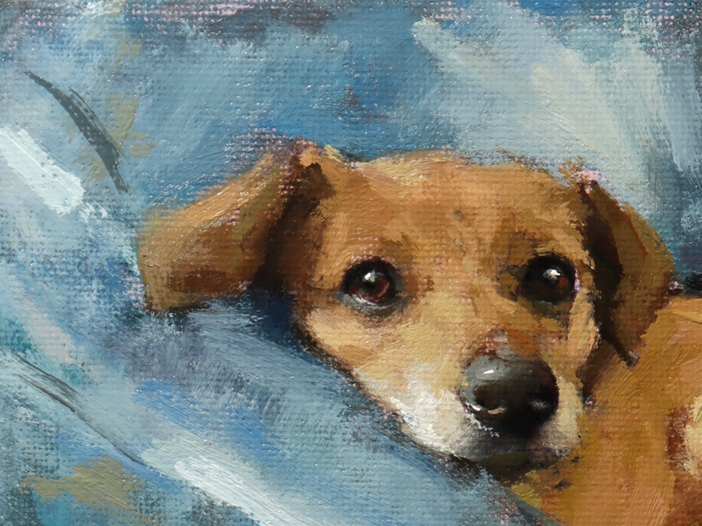A close-up oil painting of a brown dog with dark eyes resting on a blue textured surface, with visible canvas texture and painterly brushstrokes throughout.