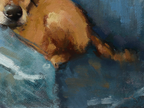 An oil painting of a dog lying down, rendered in warm brown and tan tones against a textured blue background.