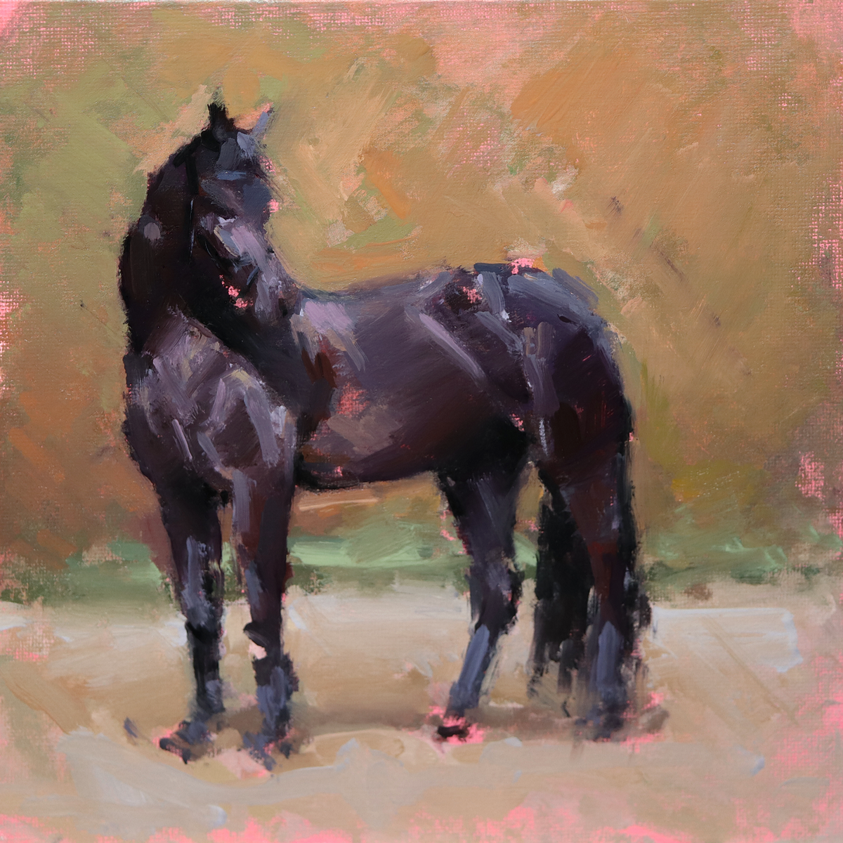 An impressionistic painting of a dark horse standing in profile, rendered with broad brushstrokes in black, brown, tan, muted green, and soft pink tones.
