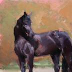 An impressionistic oil painting of a dark horse in profile, rendered with textured brushstrokes in black, deep purple, and brown tones against a warm tan and olive background.