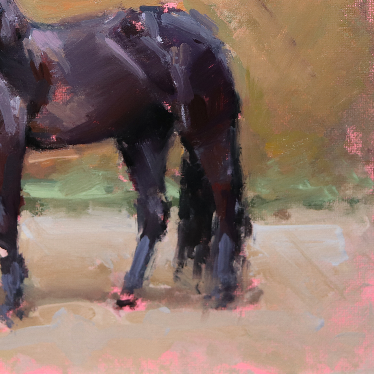 An impressionistic painting of a horse's body in profile, rendered with dark charcoal and deep blue-black brushstrokes against a warm tan, olive, and pink background.
