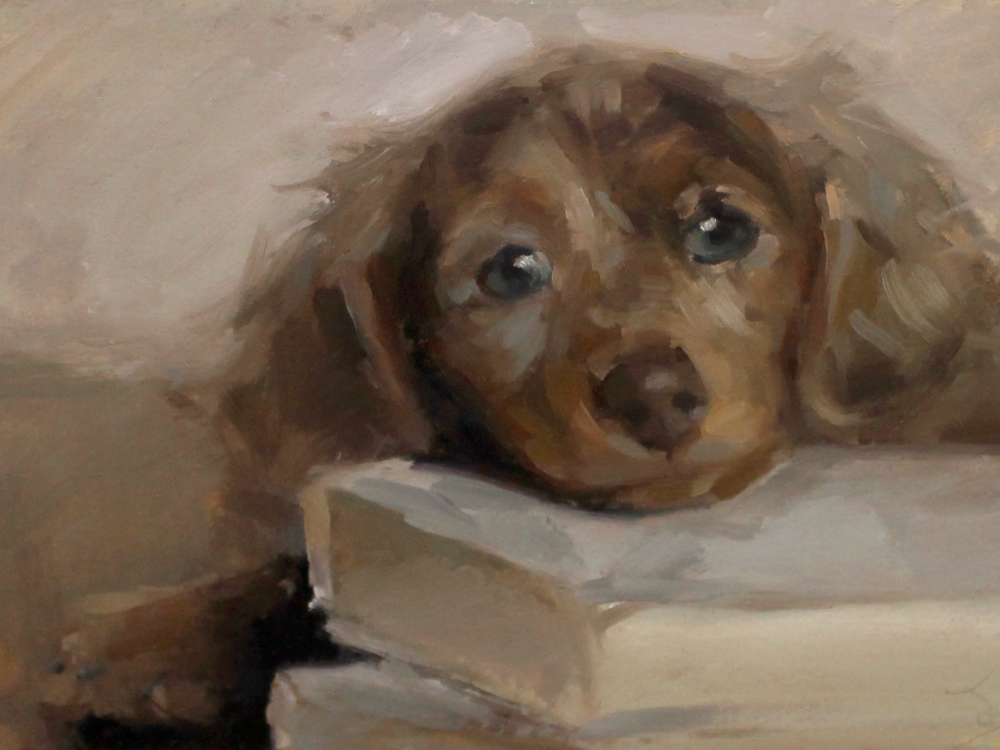 Painting of a dachshund puppy peeking over a surface with a soft, warm color palette.