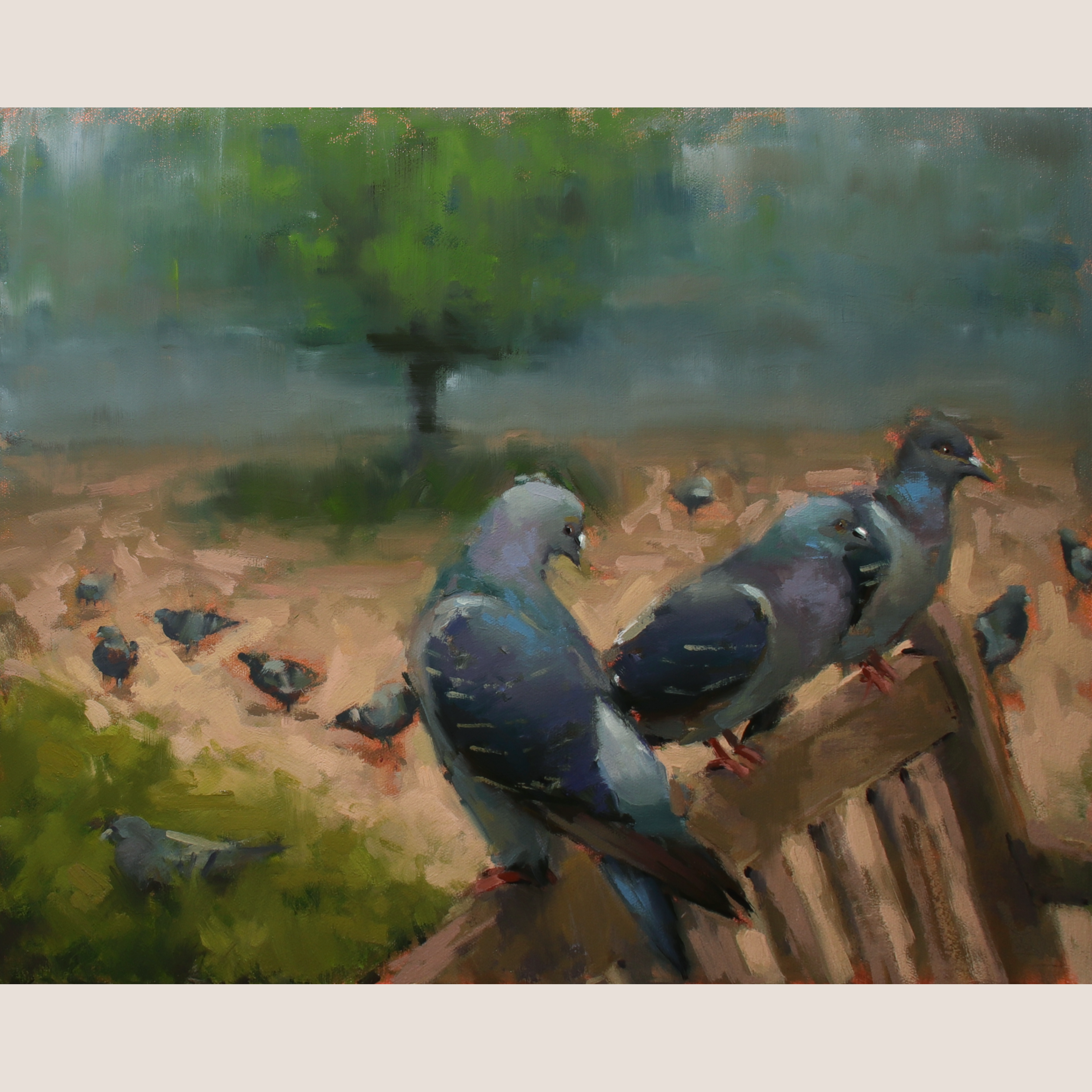 An impressionistic painting of several pigeons perched on a wooden fence in an outdoor garden setting, with soft green foliage and a hazy background.