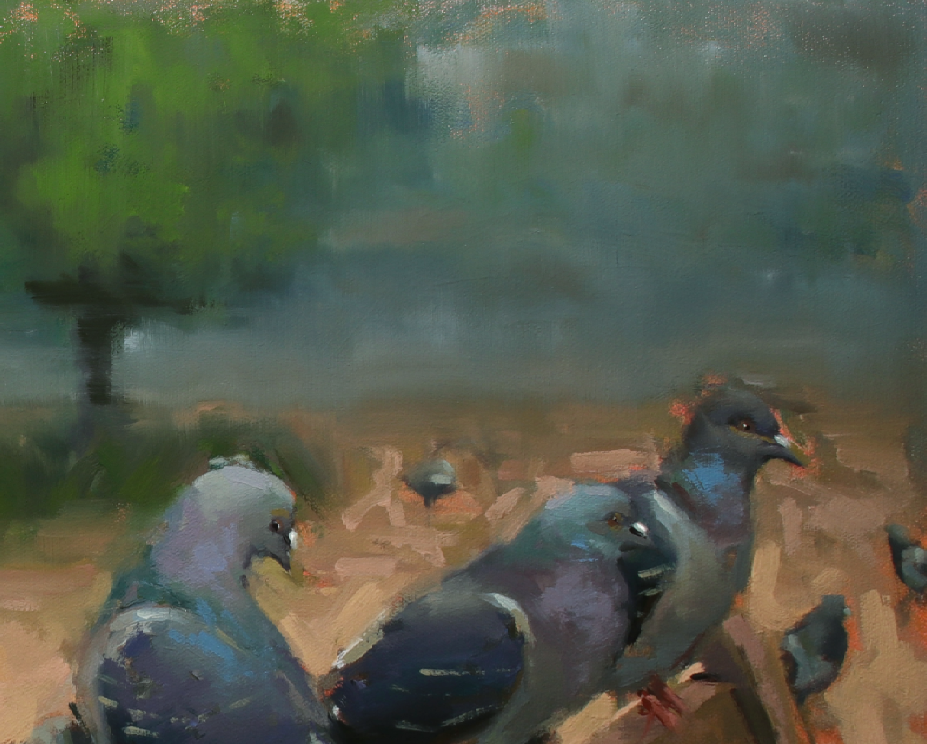 An impressionistic oil painting of two pigeons in the foreground, rendered in shades of blue, gray, and purple, with a soft-focus green and brown background.