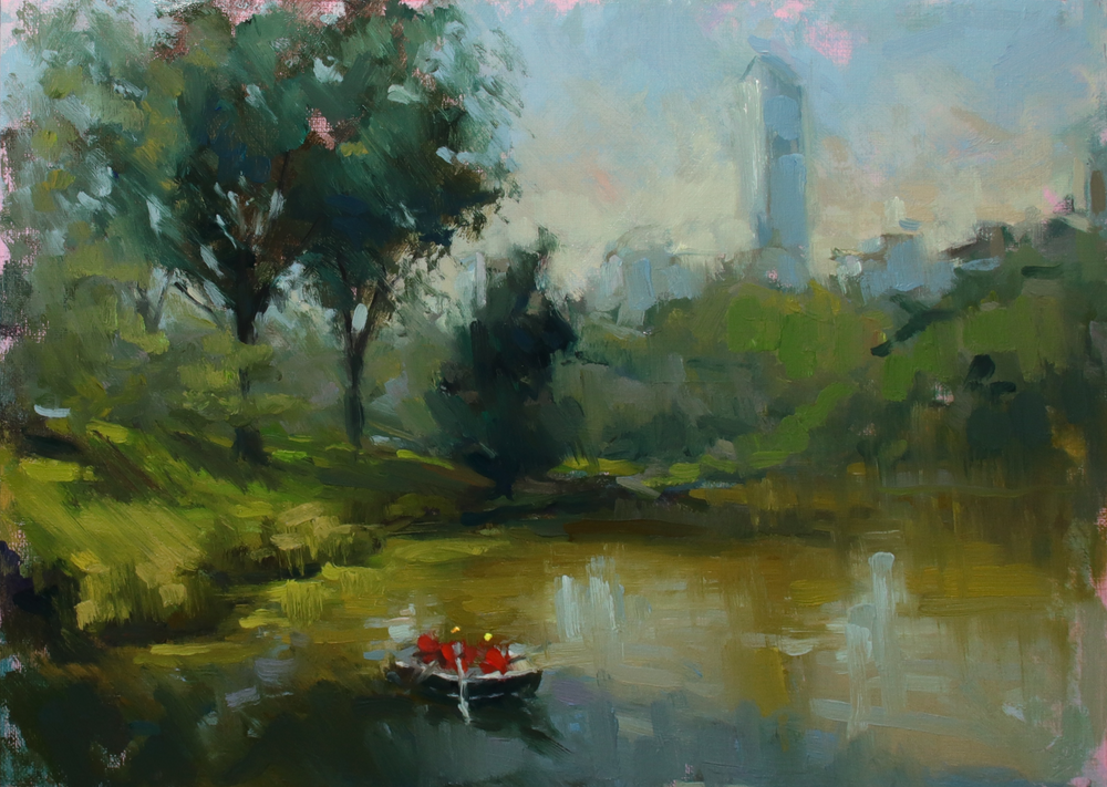Painting of a serene lake scene with a boat and trees, featuring a city skyline in the background.