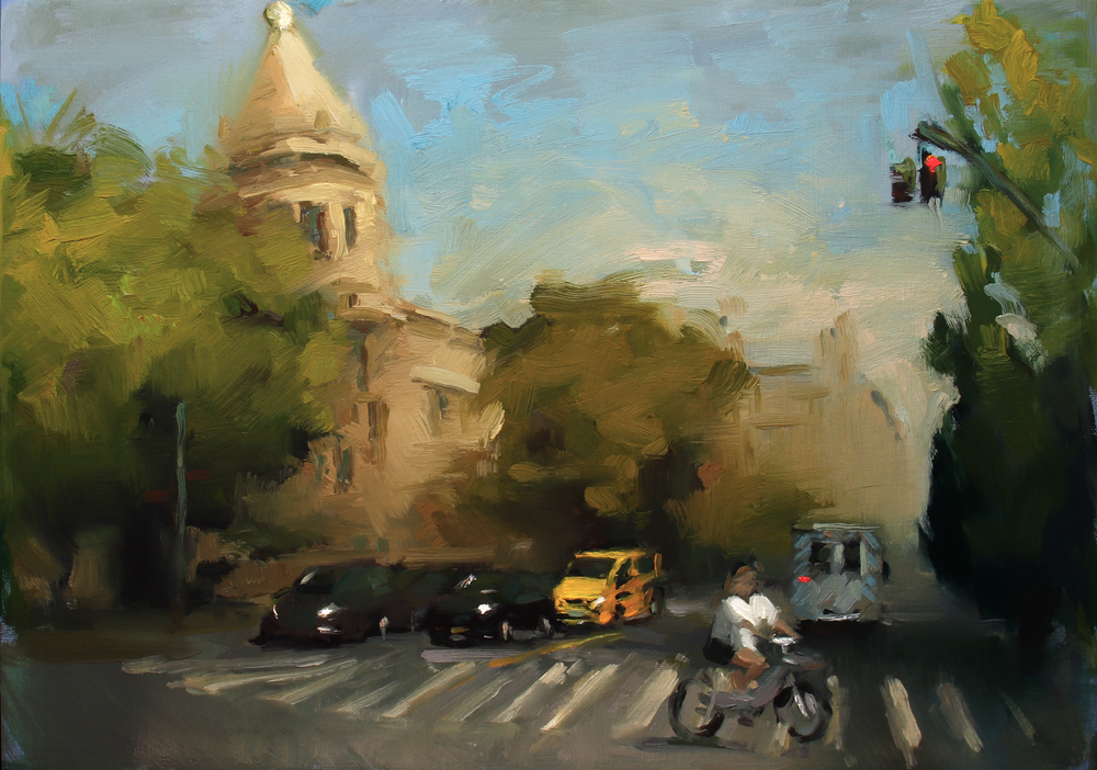 Painting of a building with a dome and trees, possibly a cathedral, under a blue sky.