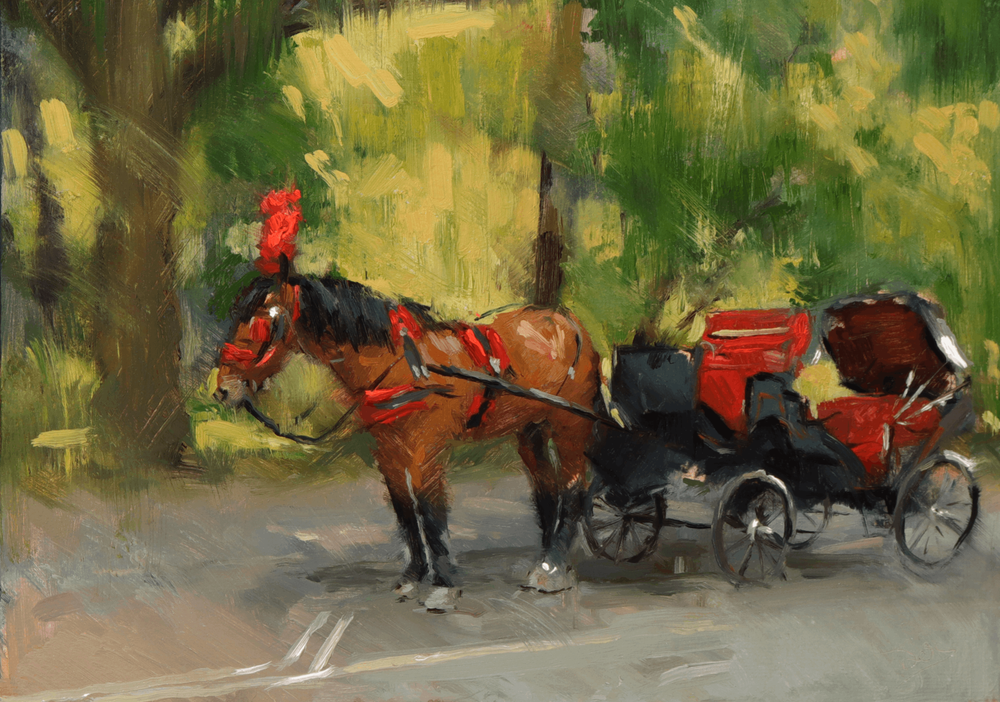 Impressionistic painting of a brown horse pulling a red and black carriage along a tree-lined road, with green foliage in the background.