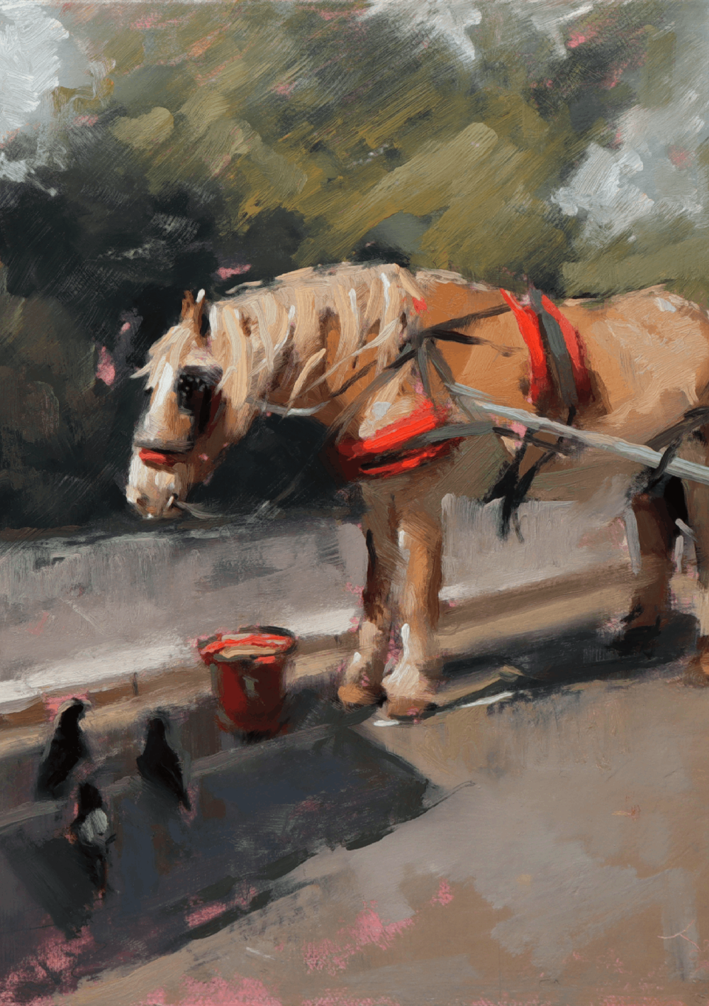 Impressionistic painting of a light brown horse wearing a red harness, standing beside a bucket on a street with dark birds in the foreground.