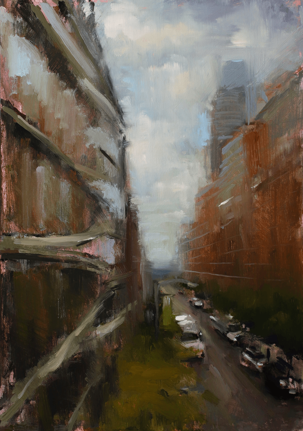 An impressionistic oil painting of a narrow city street flanked by tall buildings under a cloudy sky, with cars parked along the road.