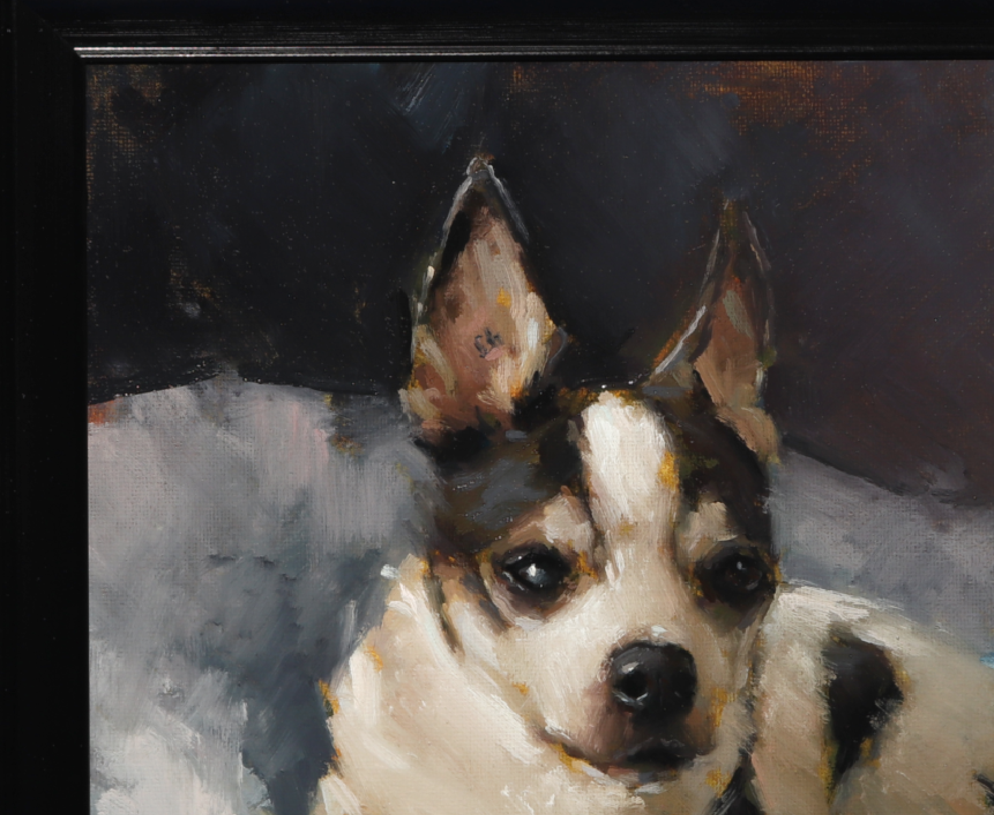 A close-up of a framed painting depicting a black and white dog with dark eyes, rendered in expressive brushstrokes against a dark background.