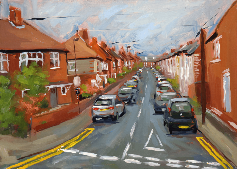 An impressionistic painting of a narrow residential street lined with red-orange brick houses, parked cars, and a pale blue sky.