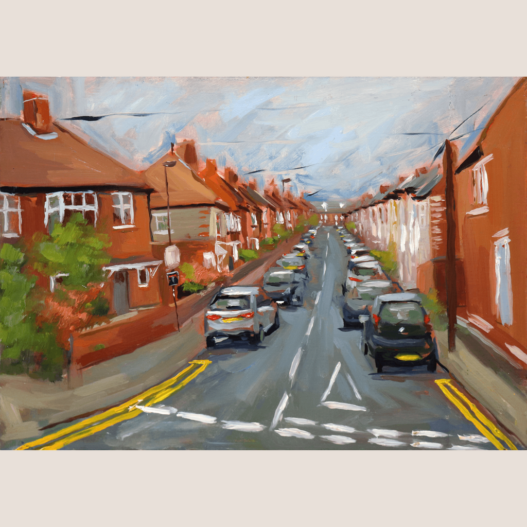 An impressionistic painting of a residential street with red brick houses, parked cars, a blue-gray road, and a pale sky, shown with a light beige border around the artwork.