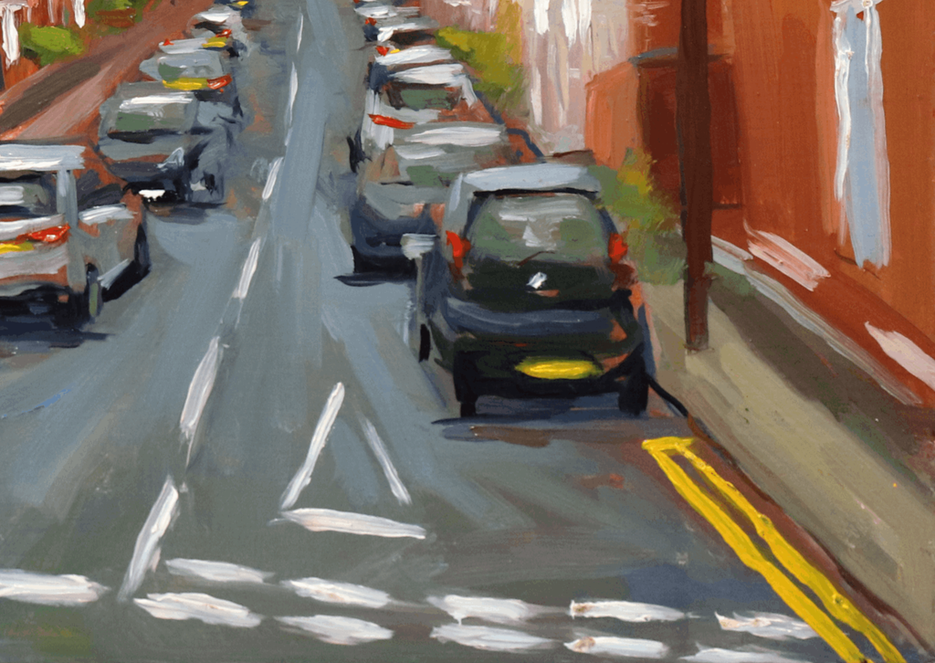 An impressionistic painting of a narrow street with parked cars, including a dark car in the foreground, gray road markings, orange-brown buildings, and yellow double lines.
