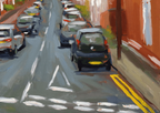 An impressionistic painting of a narrow street with parked cars, including a dark car in the foreground, gray road markings, orange-brown buildings, and yellow double lines.