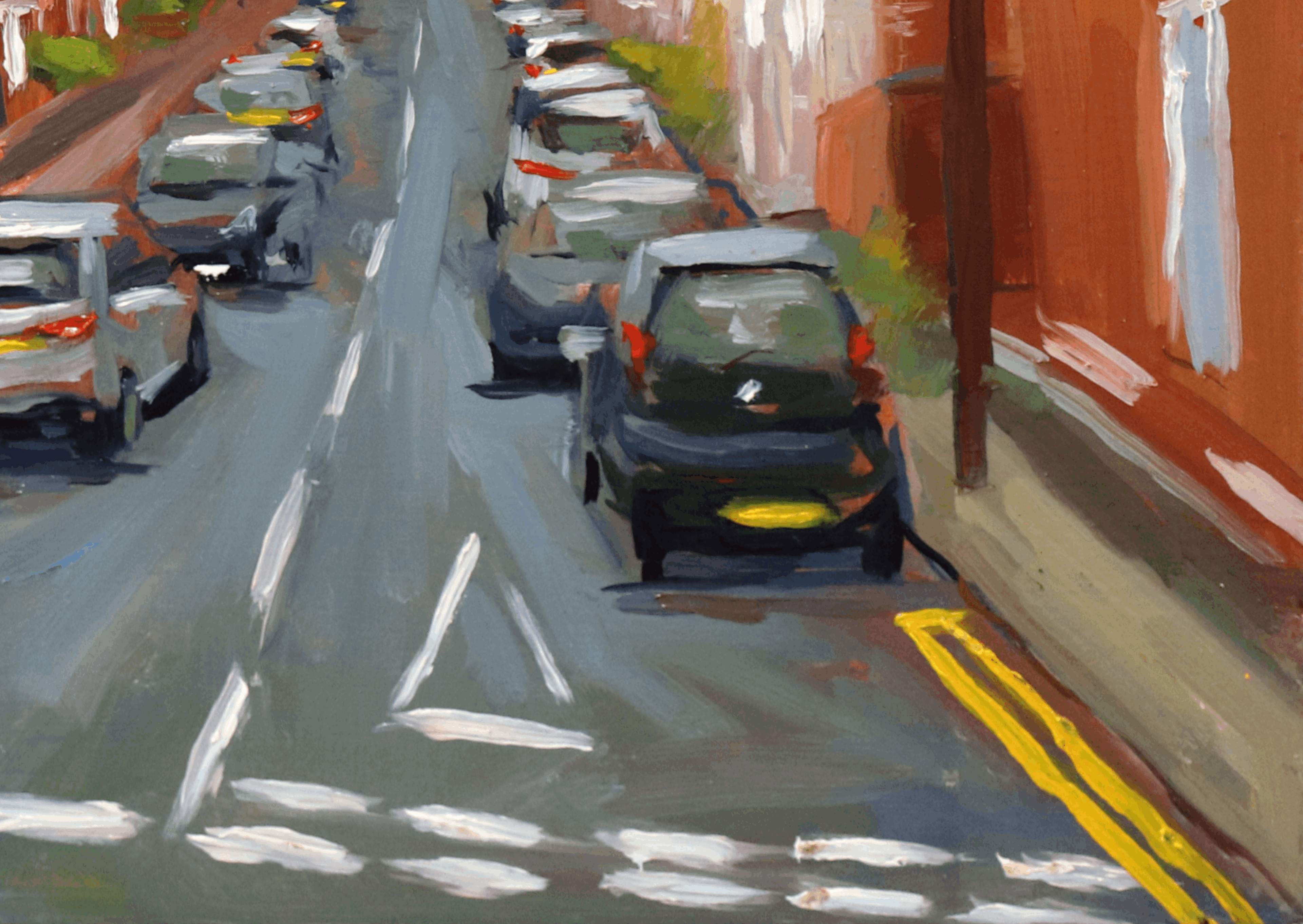 An impressionistic painting of a narrow street with parked cars, including a dark car in the foreground, gray road markings, orange-brown buildings, and yellow double lines.