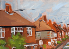 An impressionistic oil painting of a row of terraced houses with reddish-brown roofs and brick walls under a pale blue and white sky.