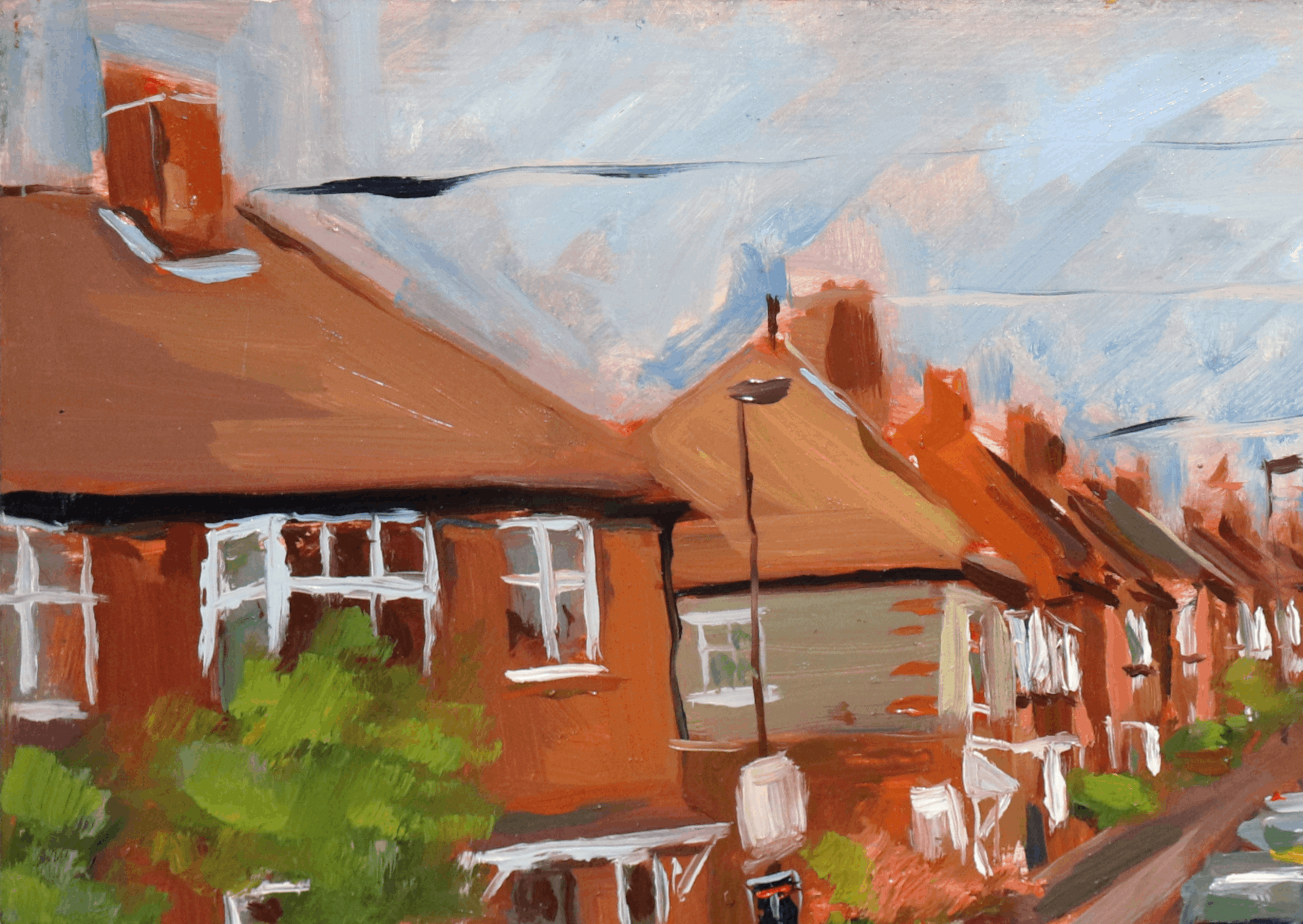 An impressionistic oil painting of a row of terraced houses with reddish-brown roofs and brick walls under a pale blue and white sky.