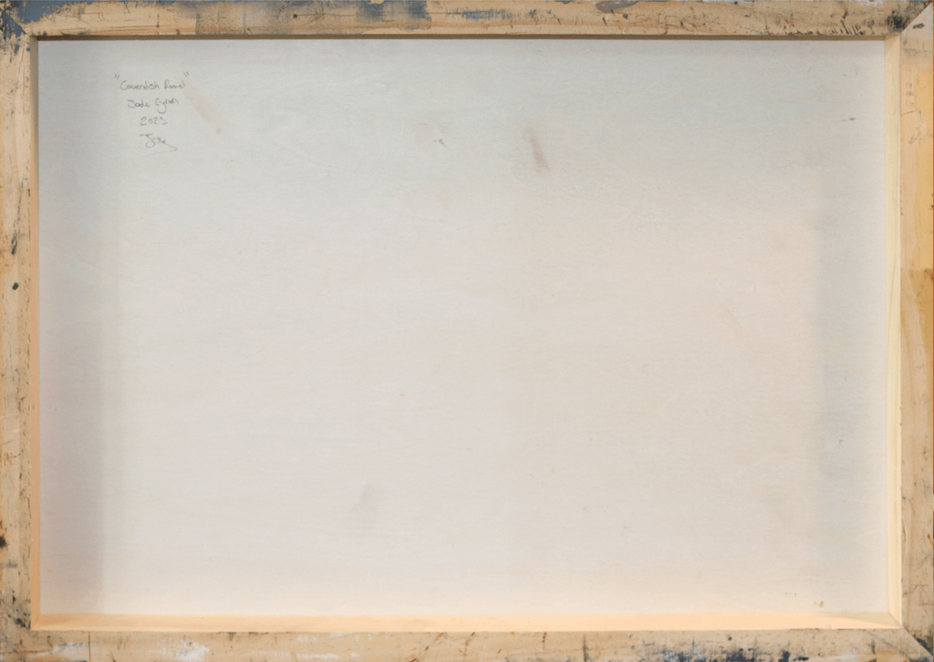 The back side of a square canvas print, showing a light beige painted surface inside a rustic wooden frame with visible texture and paint drips.