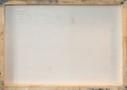 The back side of a square canvas print, showing a light beige painted surface inside a rustic wooden frame with visible texture and paint drips.
